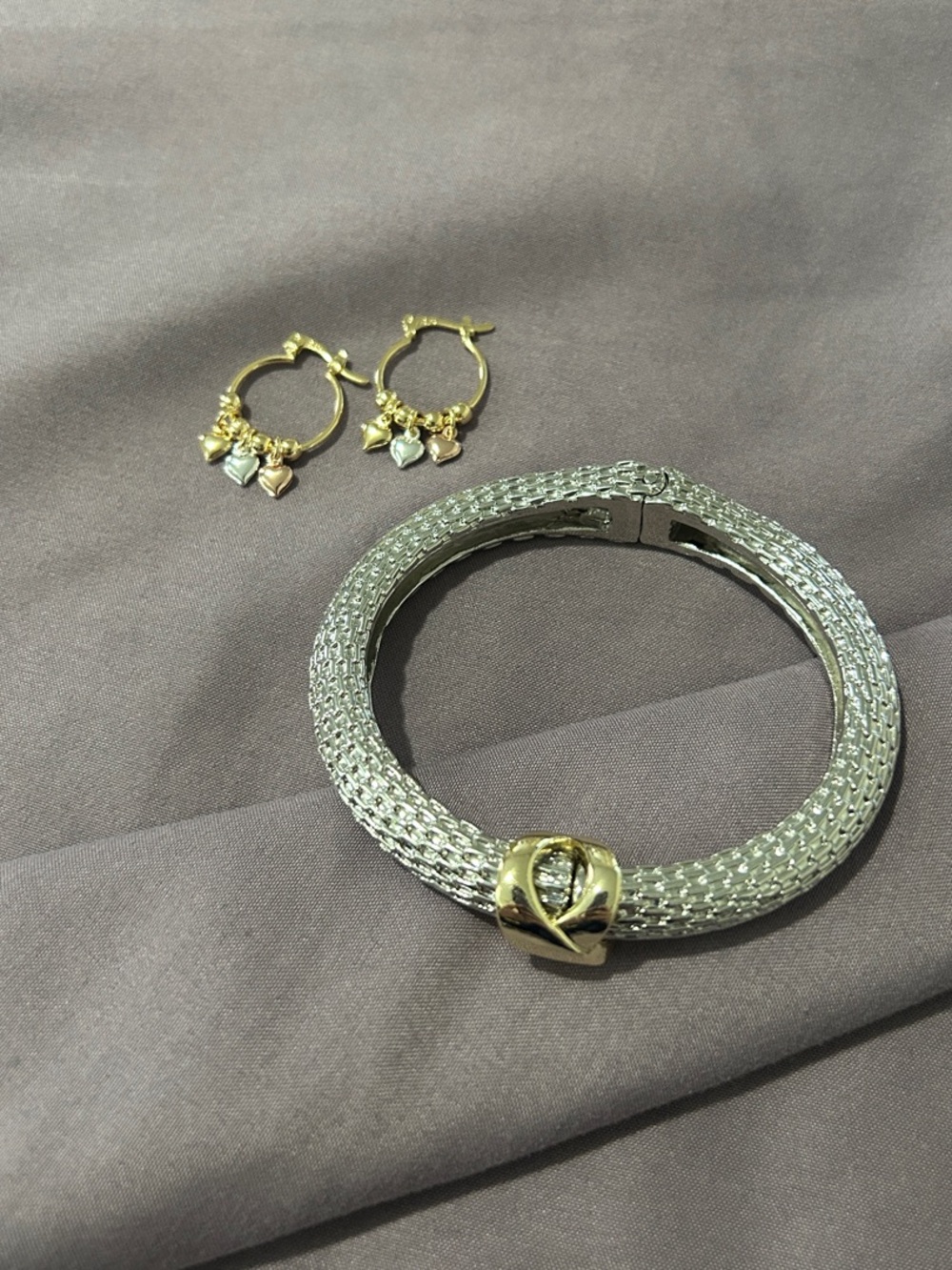 Two-Tone Bracelet with Gold Accent and Gold Earrings with Tricolor Hearts